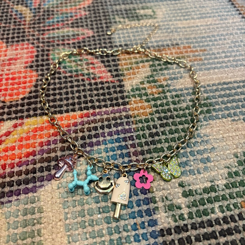 CZ Mushroom Popsicle Butterfly Dog Charm Statement Necklace Wild Fable NWOT 90s